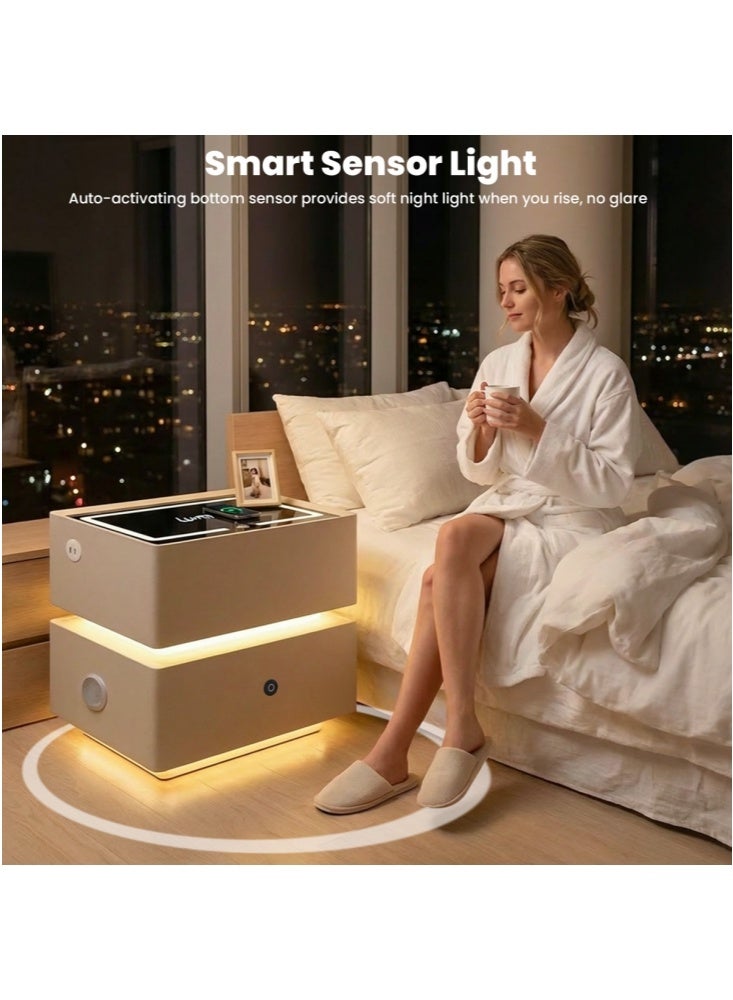 GGEROU Intelligent bedside table,Nightstand Fingerprint Lock,Nightstand With Light ,Smart Night Stand With Wireless Charging,Modern Nightstand With LED Light,Modern Bedside Table With Sensor Light khaki - Image 3